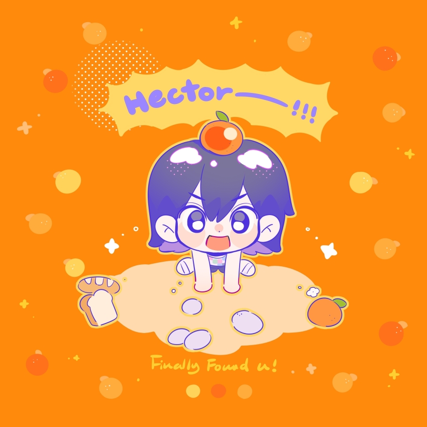 1boy, 20025950_(lofter), :d, baguette, bare_arms, bare_shoulders, barefoot, bread, checkered_clothes, checkered_shirt, chibi, chibi_only, commentary, english_text, flower, food, food_on_head, fruit, full_body, halftone, heather_(omori), heather_jr_(omori), hector_(omori), hector_jr_(omori), highres, kel_(headspace)_(omori), kel_(omori), looking_at_another, male_focus, object_on_head, omori, open_mouth, orange_(fruit), orange_background, orange_outline, outline, pale_skin, purple_eyes, purple_hair, rock, scene_reference, shirt, short_hair, simple_background, sitting, sleeveless, sleeveless_shirt, smile, solo, sparkle, untranslatable_commentary, v-shaped_eyebrows, wariza, white_flower