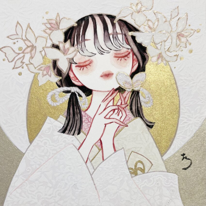 1girl, black_hair, bug, butterfly, closed_eyes, colored_fingertips, eyelashes, eyeshadow