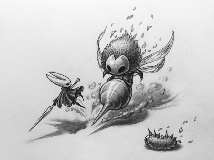 1girl, arthropod_girl, blank_eyes, bug, cloak, fighting, full_body, furry, furry_female, greyscale, highres, holding, holding_weapon, hollow_knight, hollow_knight:_silksong, hornet_(hollow_knight), jumping, lil_ghast, looking_at_another, monochrome, moss_mother_(hollow_knight), mossgrub_(hollow_knight), needle_(hollow_knight), no_feet, simple_background, stinger, weapon, white_background