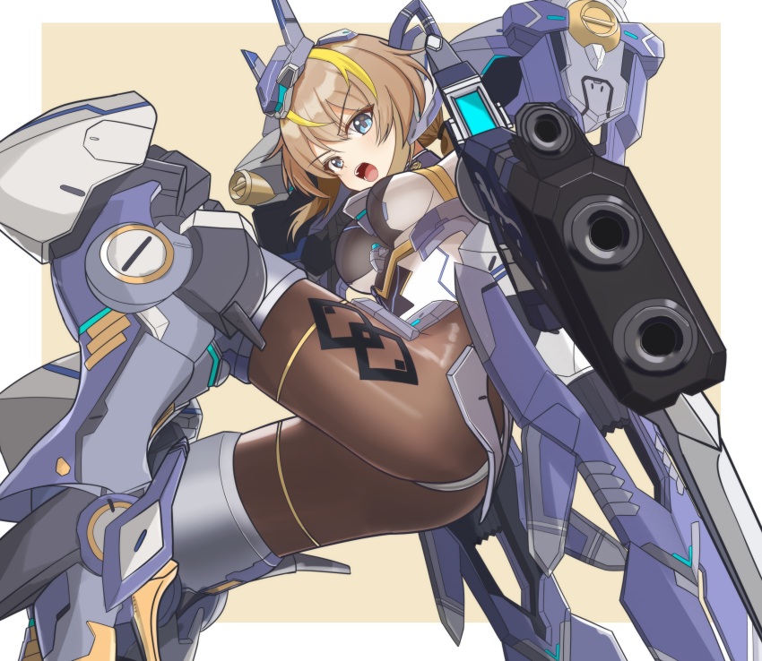 1girl, absurdres, aiming, aiming_at_viewer, armored_boots, beta_(starward), black_leotard, black_pantyhose