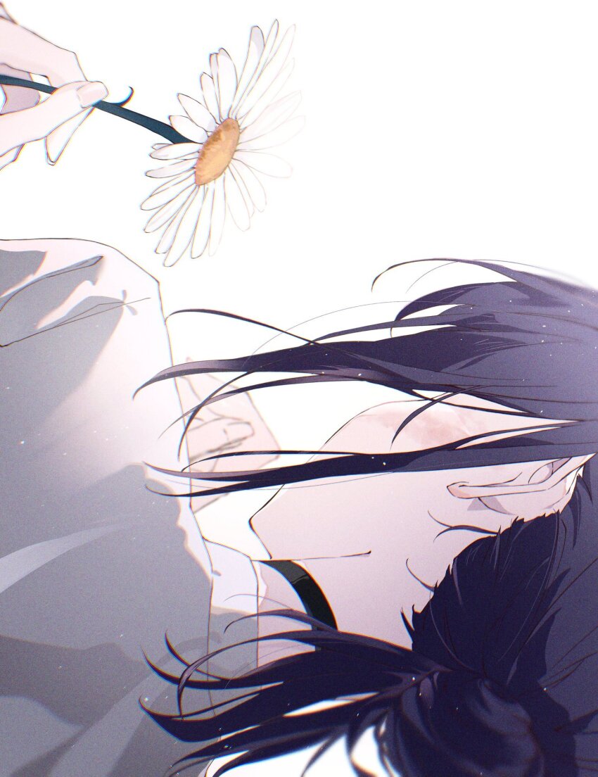 1girl, black_choker, black_hair, black_ribbon, chainsaw_man, choker, flower, hair_bun