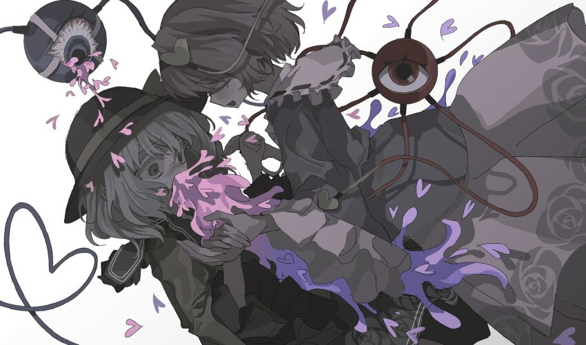 2girls, black_hairband, black_hat, bloodshot_eyes, blue_shirt, eyeball, floral_print, frilled_shirt_collar