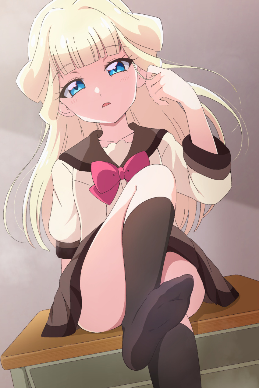 1girl, arm_support, black_socks, blonde_hair, blue_eyes, blunt_bangs, bow, bowtie