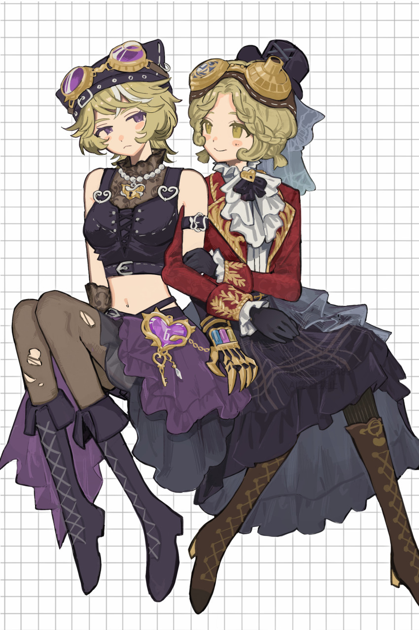 2girls, 6demo, :<, absurdres, ascot, black_gloves, black_hat, black_skirt