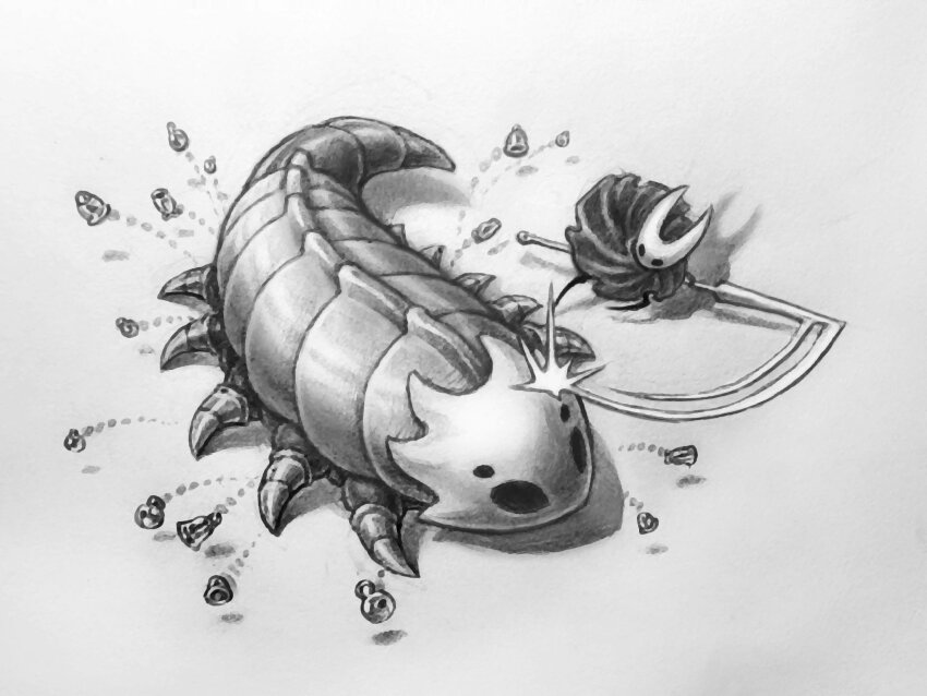 1girl, arthropod_girl, bell, bell_beast_(hollow_knight), black_eyes, blank_eyes, fighting, from_above, full_body, furry, furry_female, greyscale, highres, holding, holding_weapon, hollow_knight, hollow_knight:_silksong, hornet_(hollow_knight), jingle_bell, lil_ghast, looking_at_another, monochrome, needle_(hollow_knight), no_feet, simple_background, smear_frame, weapon, white_background