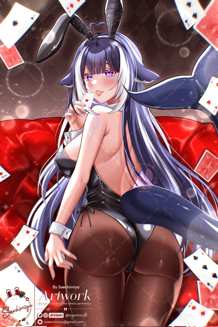 1girl, ace_(playing_card), ace_of_spades, animal_ears, arm_behind_head, armpits, artist_name, ass, backboob, backless_outfit, bare_shoulders, black_leotard, black_pantyhose, blue_eyes, blue_hair, body_markings, breasts, card, cetacean_tail, facial_mark, fake_animal_ears, fins, fish_tail, four_of_diamonds, from_behind, highres, holding, holding_card, indie_virtual_youtuber, large_breasts, leotard, long_hair, looking_at_viewer, looking_back, multicolored_hair, orca_girl, pantyhose, playboy_bunny, playing_card, rabbit_ears, saechimiya, shylily, solo, spade_(shape), strapless, strapless_leotard, streaked_hair, tail, three_of_clubs, two-tone_hair, two_of_hearts, virtual_youtuber, white_hair