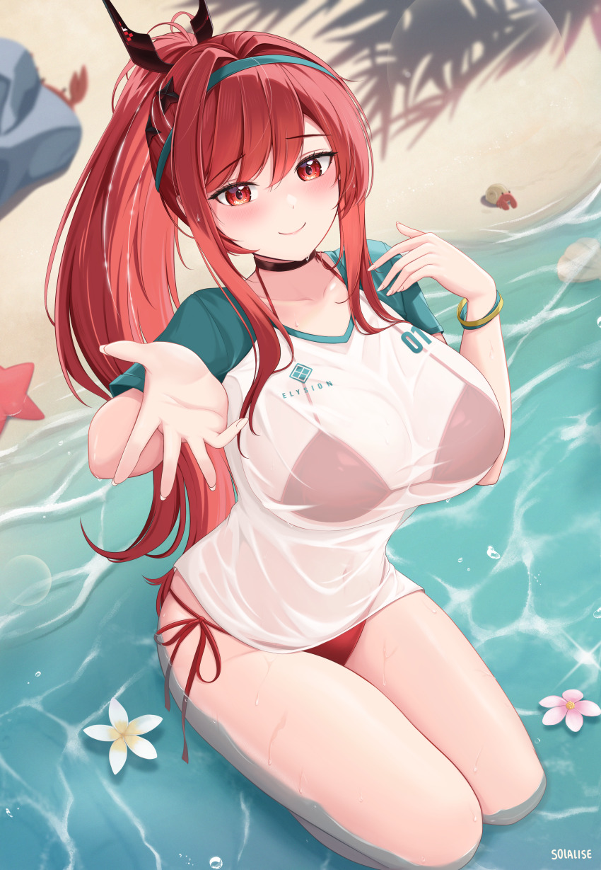 1girl, absurdres, aqua_hairband, beach, bikini, bikini_under_clothes, black_choker, breasts