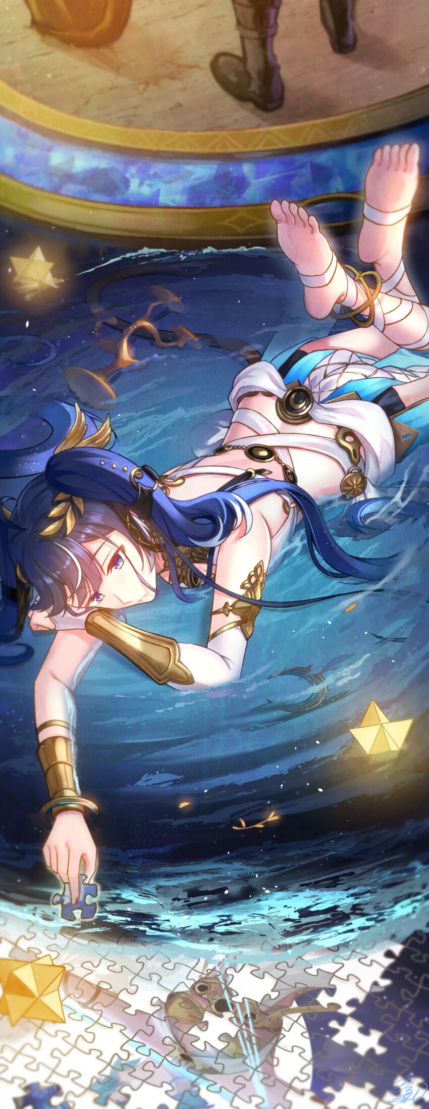 1girl, 1other, absurdres, ancient_greek_clothes, armlet, barefoot, blue_eyes, blue_hair