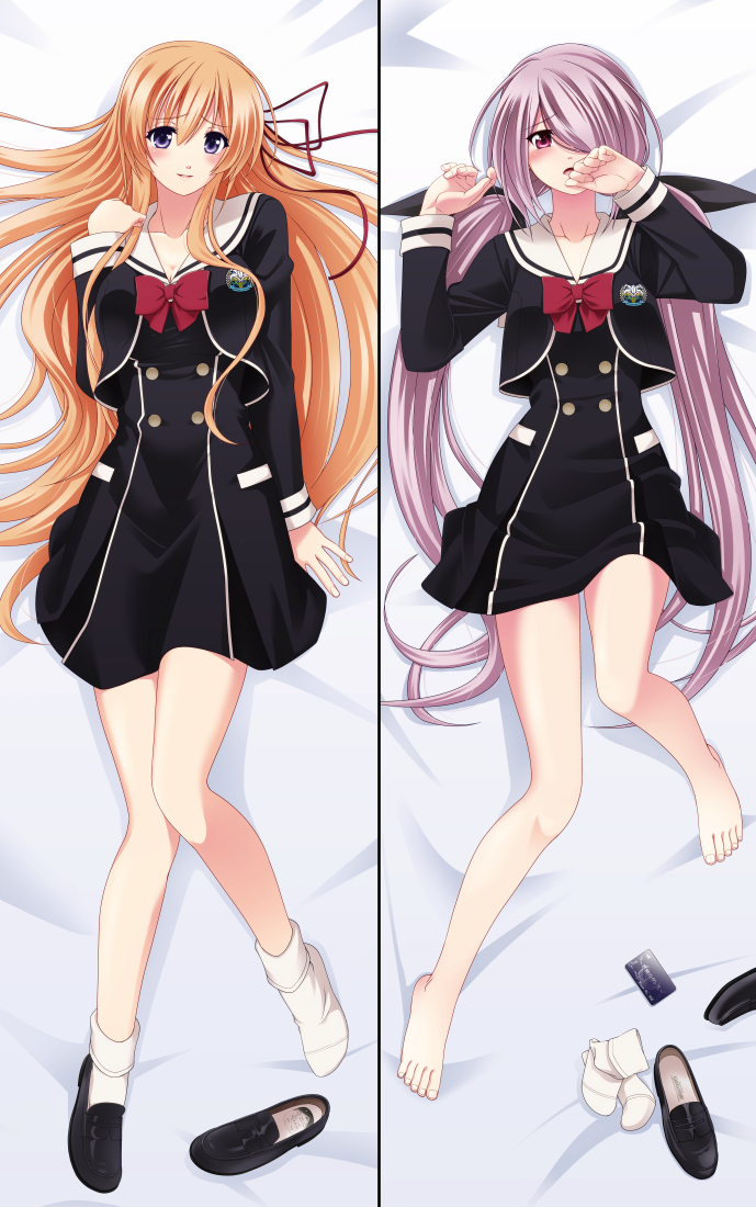 2girls, :o, bare_legs, barefoot, bed_sheet, black_bow, blush, bow, breasts, chaos;child, chest_bow, cleavage, commentary_request, cropped_jacket, dakimakura_(medium), eibon, embarrassed, fingernails, full_body, hair_between_eyes, hair_bow, hair_over_one_eye, hair_ribbon, hand_in_own_hair, hand_over_face, hekiho_academy_school_uniform, kurusu_nono, large_breasts, legs, loafers, long_hair, looking_at_viewer, lying, minamisawa_senri, multiple_girls, multiple_hair_bows, on_back, open_mouth, orange_hair, pink_hair, purple_eyes, red_bow, red_ribbon, ribbon, sailor_collar, sailor_shirt, school_emblem, school_uniform, science_adventure, shiny_lips, shirt, shoes, single_shoe, small_breasts, smile, socks, thick_thighs, thighs, toenails, toes, tongue, twintails, unworn_shoes, unworn_socks, very_long_hair, white_sailor_collar, white_socks, white_trim