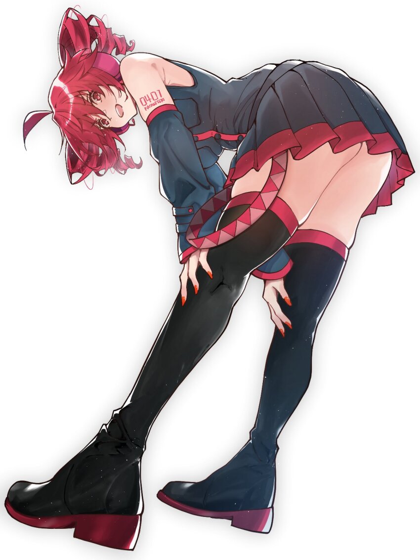 1girl, ahoge, arm_tattoo, bare_shoulders, bent_over, black_boots, black_shirt, black_skirt, black_sleeves, boots, bowing, breast_pocket, detached_sleeves, double-parted_bangs, drill_hair, fingernails, full_body, hair_between_eyes, hands_on_own_knees, highres, kasane_teto, kasane_teto_(utau), looking_at_viewer, michihirogswr, miniskirt, nail_polish, number_tattoo, open_mouth, pleated_skirt, pocket, red_eyes, red_hair, red_nails, red_trim, shirt, shoulder_tattoo, simple_background, skirt, sleeveless, sleeveless_shirt, smile, solo, standing, tattoo, teeth, thigh_boots, thighhighs, twin_drills, upper_teeth_only, utau, white_background, zettai_ryouiki