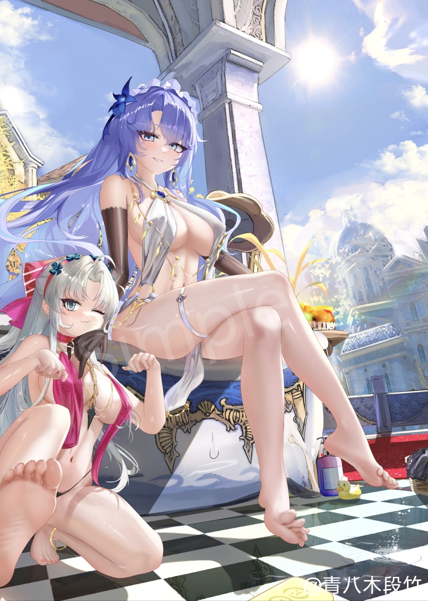 2girls, absurdres, ahoge, alternate_costume, aqua_eyes, bare_shoulders, barefoot, black_gloves