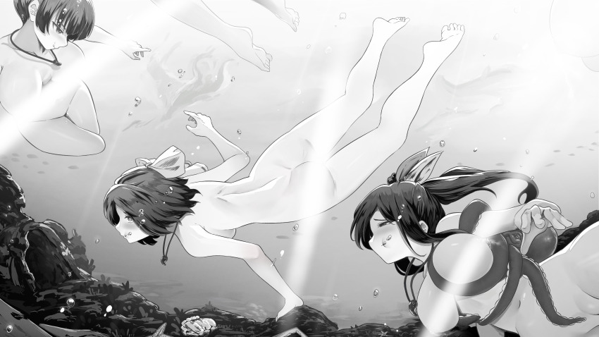 3girls, absurdres, air_bubble, ass, bdsm, biru_saeika, breasts, bubble