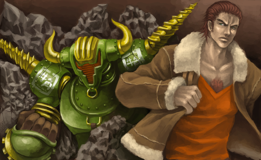 10s, 2boys, antonio_lopez, armor, brown_eyes, chest_hair, childcherry, dark-skinned_male, dark_skin, drill, dual_persona, green_eyes, helmet, highres, horns, jacket, male_focus, multiple_boys, power_armor, rock_bison, superhero_costume, tiger_&amp;_bunny, v-neck