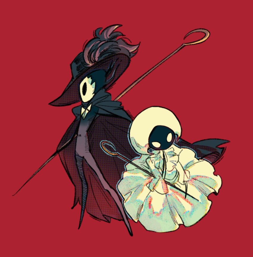 1girl, 1other, alternate_costume, arthropod_girl, black_cape, black_hat, black_skin, blank_eyes