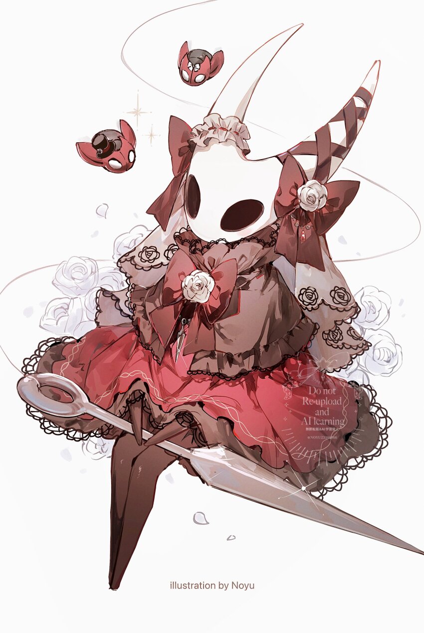 1girl, absurdres, adapted_costume, alternate_costume, arthropod_girl, artist_name, black_capelet, black_hat, black_skin, bow, bowtie, brooch, capelet, cogfly_(hollow_knight), colored_skin, commentary, dress, english_commentary, falling_petals, floral_background, flower, flower_brooch, frilled_capelet, frills, full_body, gothic_lolita, grey_veil, hair_ribbon, hat, highres, holding, holding_weapon, hollow_eyes, hollow_knight, horn_bow, horn_flower, horn_ornament, hornet_(hollow_knight), horns, invisible_chair, jewelry, lace, lace-trimmed_dress, lace-trimmed_veil, lace_trim, legs_together, light_blush, lolita_fashion, looking_ahead, medium_dress, mini_hat, mini_top_hat, needle_(hollow_knight), noyu_(noyu23386566), object_on_lap, pendant, petals, popped_collar, red_bow, red_bowtie, red_dress, ribbon, rose, sitting, solo, sparkle, thread, top_hat, tress_ribbon, two-handed, veil, weapon, weapon_on_lap, white_flower, white_horns, white_petals, white_rose