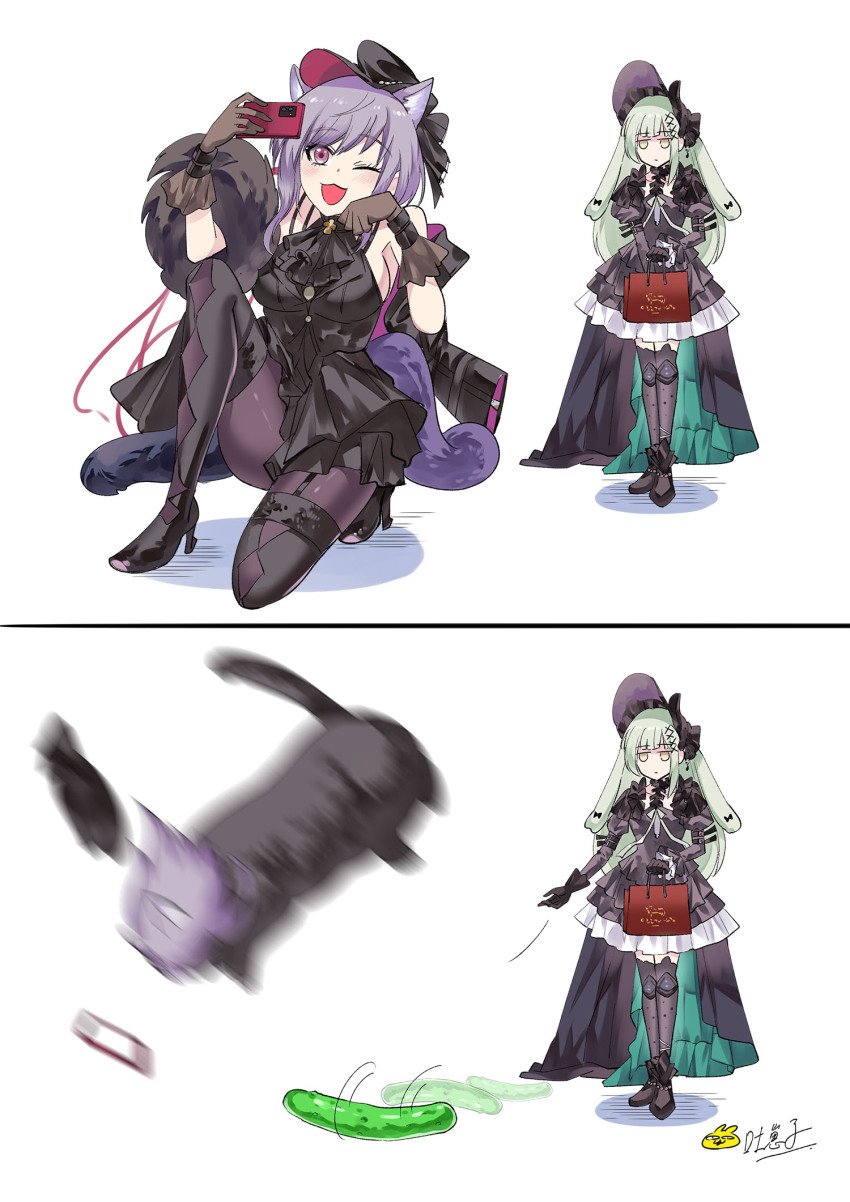 2girls, animal_ears, arknights, bang_dream!, bang_dream!_it's_mygo!!!!!, black_bonnet, black_dress, black_hair, black_hat, black_pantyhose, bonnet, cat_ears, cat_girl, cat_tail, chibi, commentary_request, cucumber, doll_joints, dress, feral_instincts, garter_straps, green_hair, hat, highres, joints, juliet_sleeves, long_hair, long_sleeves, medium_hair, multiple_girls, pantyhose, puffy_sleeves, purple_hair, rabbit_ears, rabbit_girl, selfie, sidelocks, tail, thighhighs_under_pantyhose, tu_zaizi, wakaba_mutsumi, wakaba_mutsumi_(marionette's_id), yellow_eyes, yuutenji_nyamu, yuutenji_nyamu_(magician_of_passion)