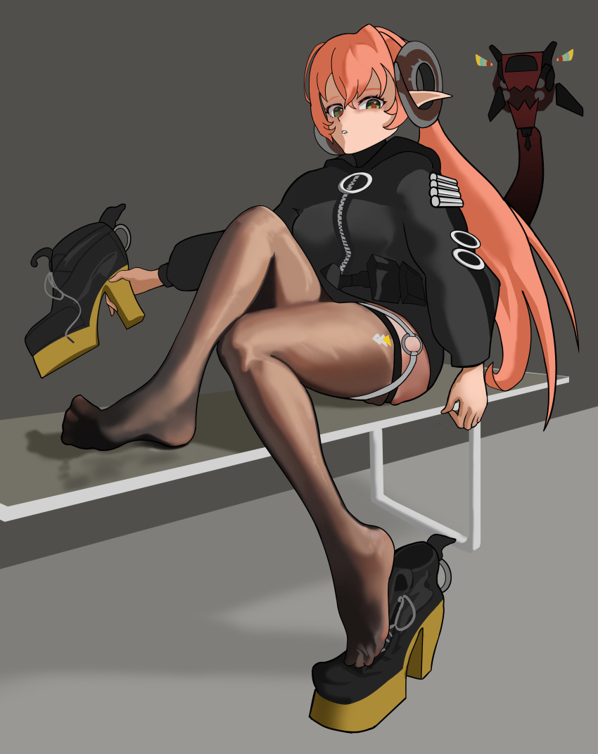 1girl, absurdres, boots, feet, green_eyes, high_heel_boots, high_heels, high_heels_removed