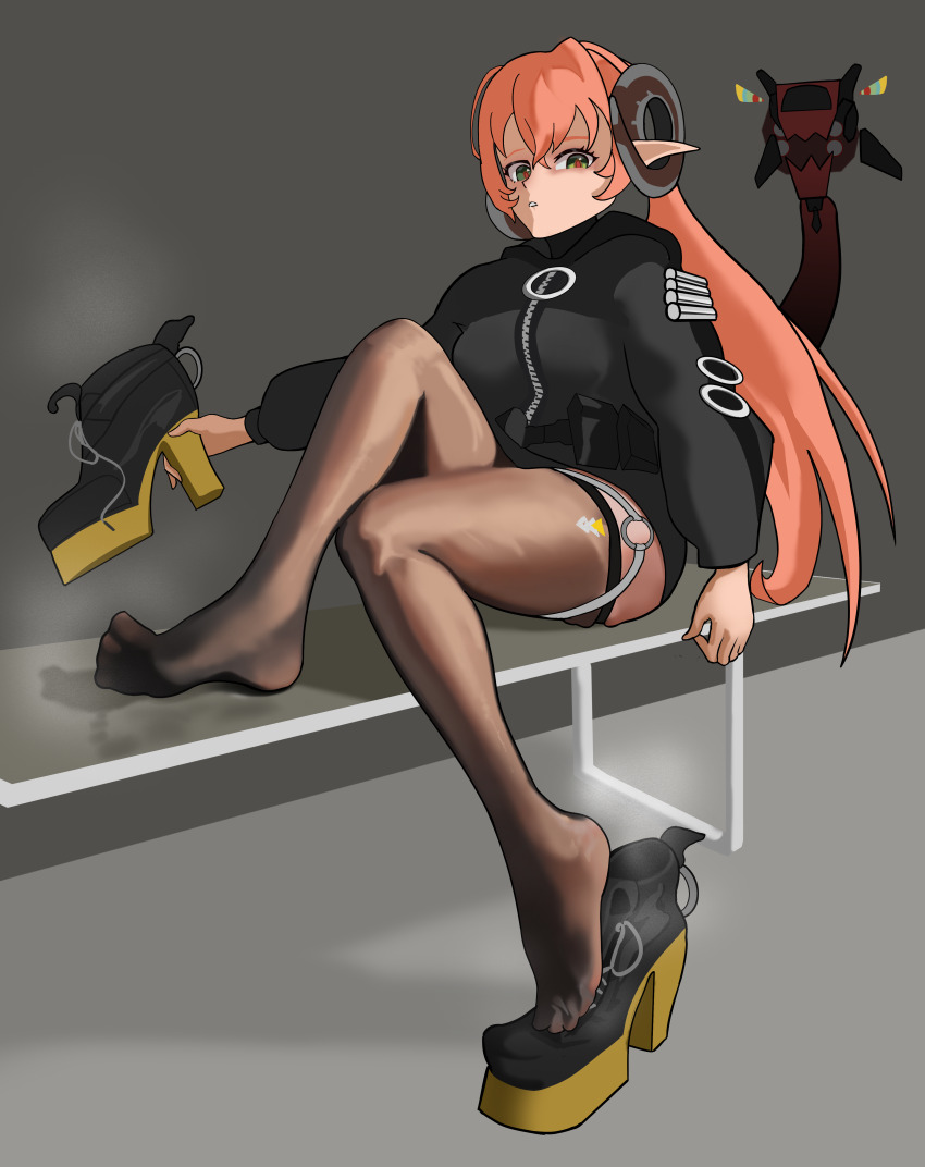 1girl, absurdres, boots, feet, green_eyes, high_heel_boots, high_heels, high_heels_removed