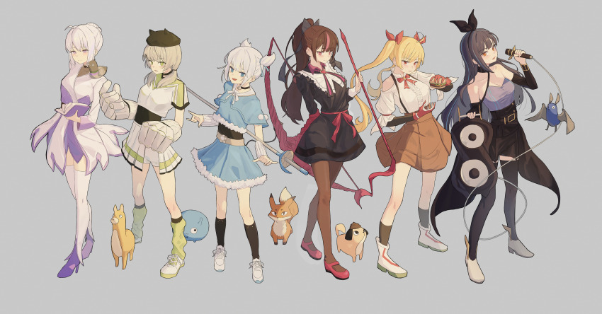 6+girls, absurdres, arrow_(projectile), black_hair, black_thighhighs, blonde_hair, blue_eyes, bow_(weapon)
