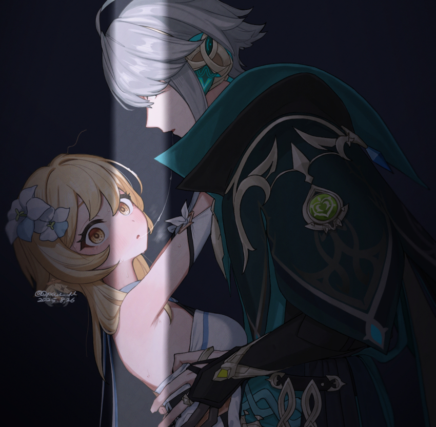 1boy, 1girl, after_kiss, ahoge, alhaitham_(genshin_impact), arms_around_neck, arms_up, artist_name, backless_outfit, black_background, black_bridal_gauntlets, blonde_hair, blush, breasts, breath, bridal_gauntlets, caught, commentary, couple, covered_eyes, crack_of_light, dated, dendro_symbol_(genshin_impact), flower, from_side, gem, genshin_impact, green_gem, grey_hair, hair_flower, hair_ornament, hair_over_eyes, hands_on_another's_back, headphones, height_difference, hetero, long_bangs, looking_at_viewer, loose_hair_strand, lumine_(genshin_impact), medium_breasts, multicolored_flower, nervous_sweating, parted_lips, profile, q_(oshikuraq), saliva, saliva_trail, short_hair, short_hair_with_long_locks, simple_background, surprised, sweat, twitter_username, two-tone_flower, upper_body, very_short_hair, vision_(genshin_impact), white_flower, wide-eyed, yellow_eyes