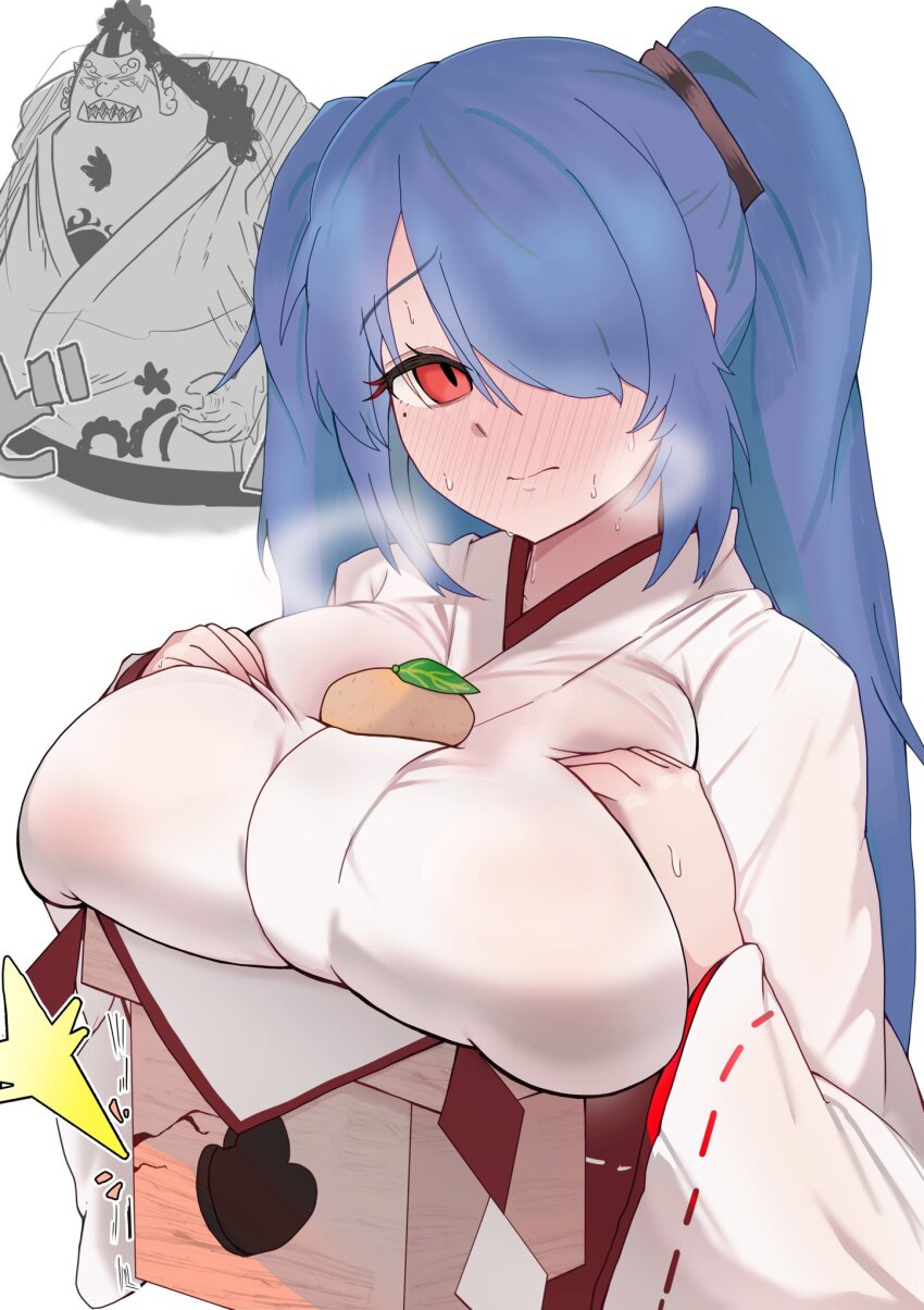 1boy, 1girl, blue_hair, blush, borrowed_character, breast_suppress, breasts, closed_mouth