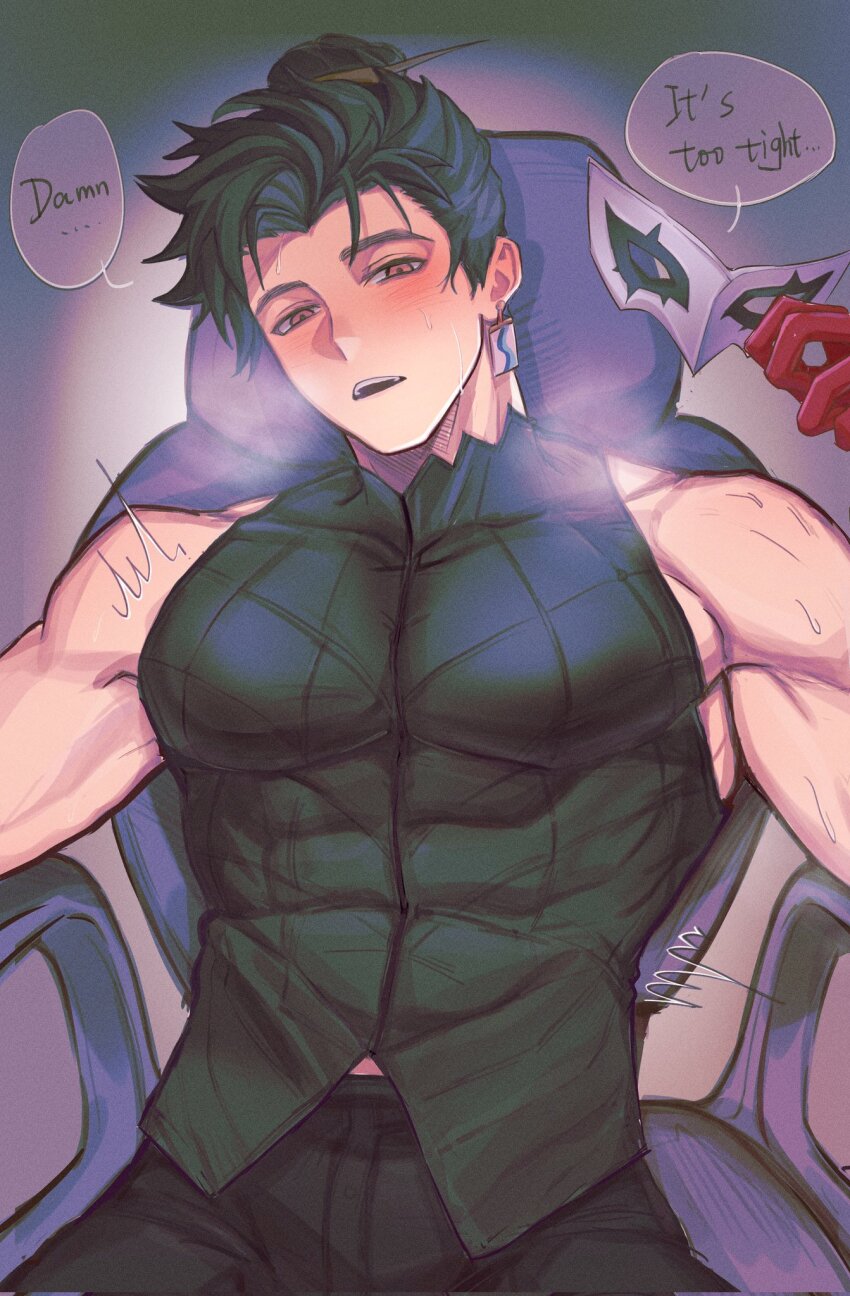 1boy, abs, amamiya_ren, bara, biceps, black_hair, black_shirt, blush, chair, commentary, cosplay, dondonri_hh, earrings, english_commentary, english_text, eye_mask, gloves, half-closed_eyes, highres, holding, holding_mask, jewelry, joker_(persona_5), joker_(persona_5)_(cosplay), male_focus, mask, muscular, muscular_male, office_chair, open_mouth, overwatch, pectorals, red_gloves, shirt, single_earring, sitting, sleeveless, sleeveless_shirt, speech_bubble, sweat, swivel_chair, unworn_mask, wuyang_(overwatch)