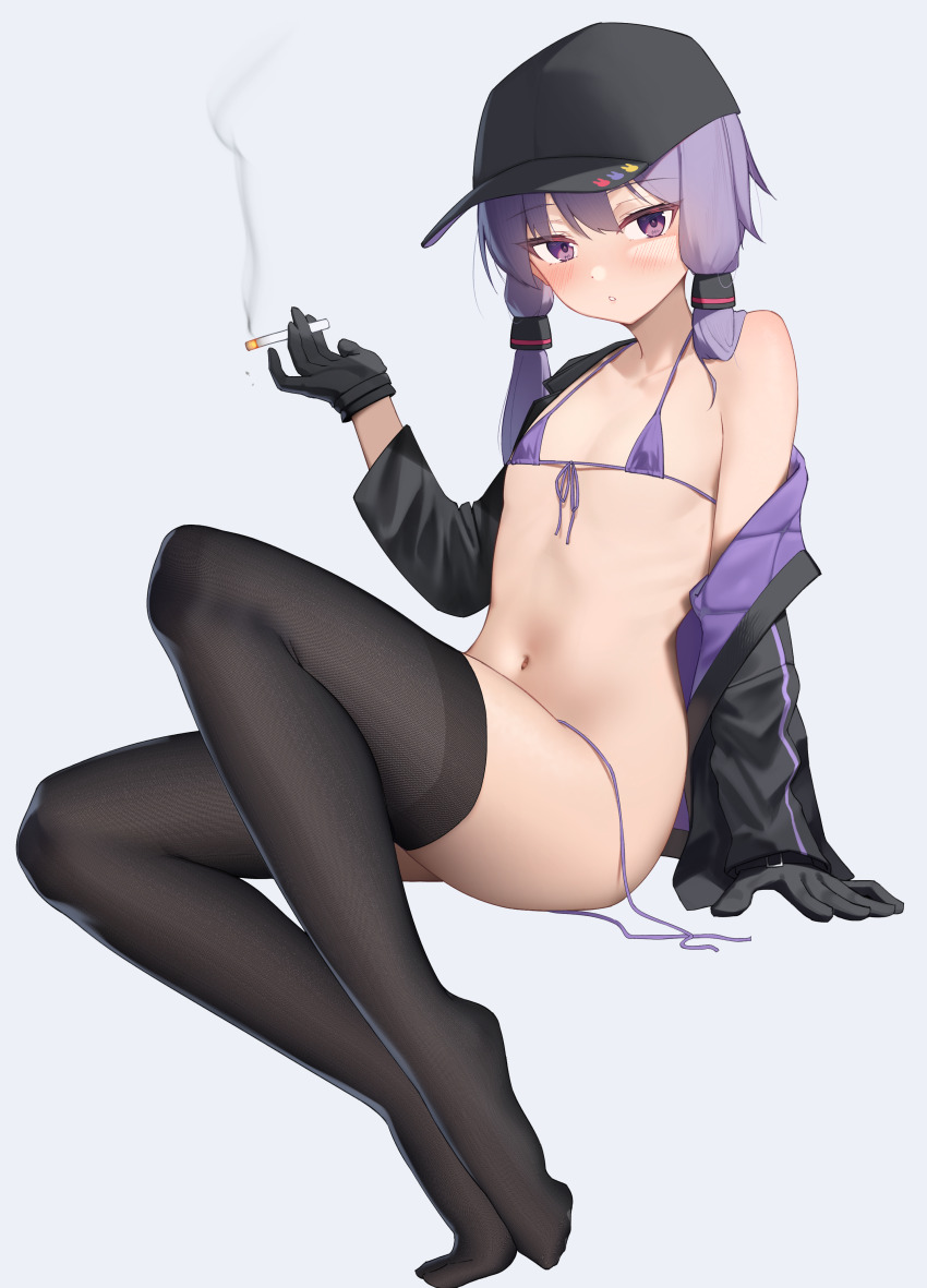 1girl, absurdres, bare_shoulders, baseball_cap, bikini, black_gloves, black_hat, black_jacket, black_thighhighs, blush, cigarette, fine_fabric_emphasis, flat_chest, full_body, gloves, hat, highres, holding, holding_cigarette, invisible_chair, jacket, long_sleeves, looking_at_viewer, micro_bikini, navel, off_shoulder, open_clothes, parted_lips, penguin_(dx19291005), purple_bikini, purple_eyes, purple_hair, short_hair_with_long_locks, side-tie_bikini_bottom, sidelocks, simple_background, sitting, solo, swimsuit, thighhighs, untied_bikini, voiceroid, white_background, yuzuki_yukari, yuzuki_yukari_(nagi)