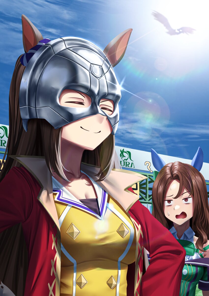 2girls, absurdres, animal_ears, bird, blue_sky, blush, bow, breasts