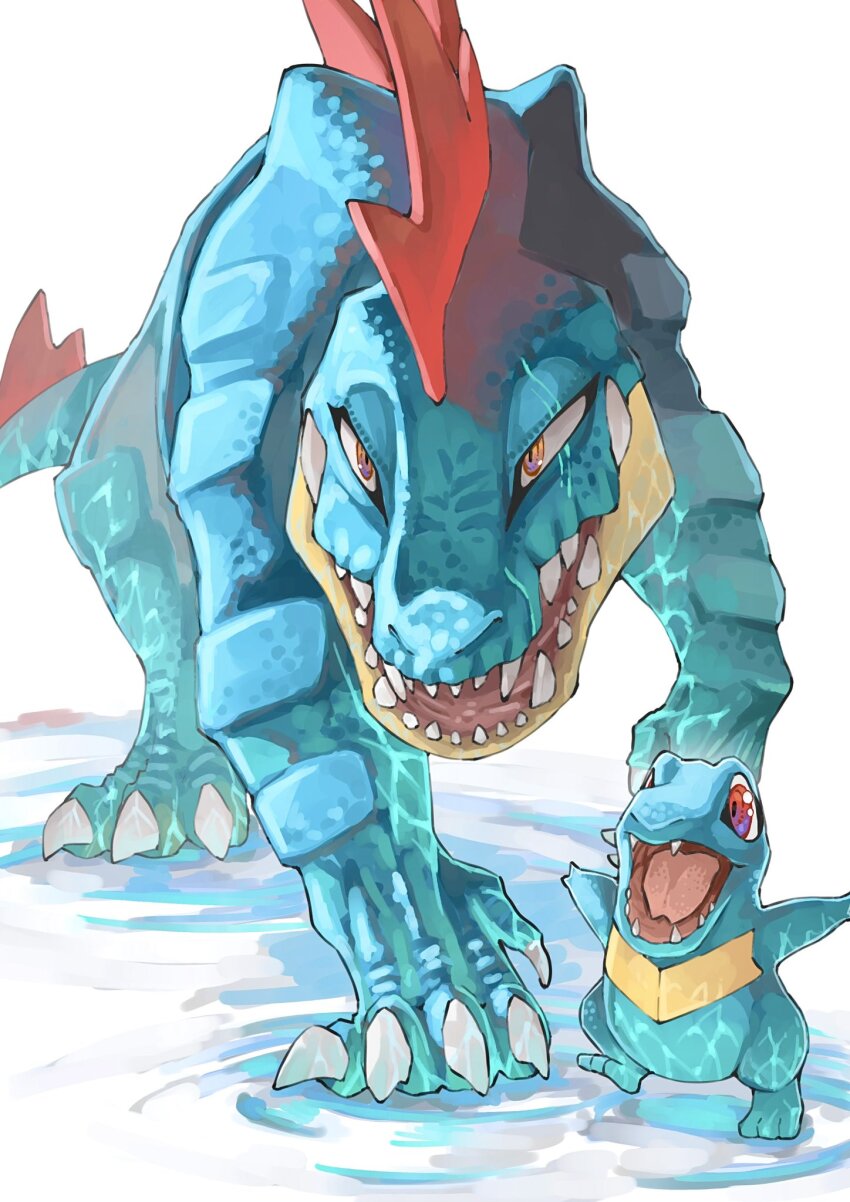 animal_focus, claws, fangs, fangs_out, feraligatr, gen_2_pokemon, highres, looking_at_viewer, nintendo, no_humans, open_mouth, pokemon, pokemon_(creature), pokemon_focus, red_eyes, ripples, sake_maguro, sharp_teeth, simple_background, tail, teeth, totodile, water, yellow_eyes