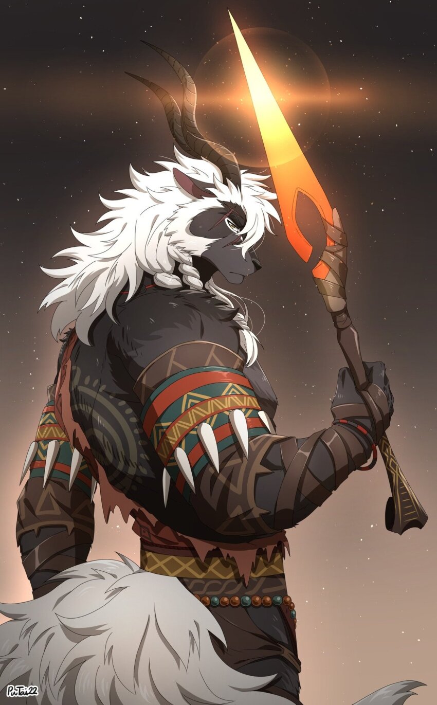 1boy, afk_(series), afk_journey, animal_ears, artist_name, braid, closed_mouth, commentary, english_commentary, from_side, furry, furry_male, goat_boy, goat_ears, goat_horns, highres, holding, holding_weapon, horns, looking_at_viewer, male_focus, muscular, muscular_male, nazrik_(afk), profile, putai22, scar, scar_across_eye, scar_across_eyebrow, scar_on_face, weapon, white_hair