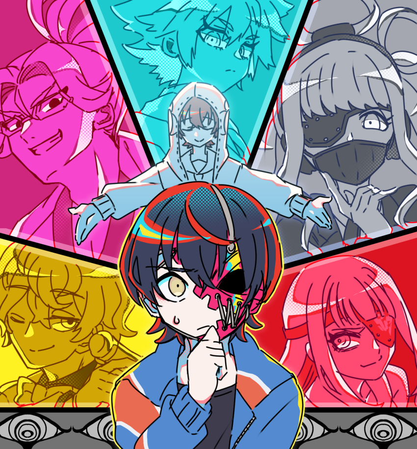 201_(yield), 3boys, 4girls, black_hair, black_shirt, bow, bowtie, closed_eyes