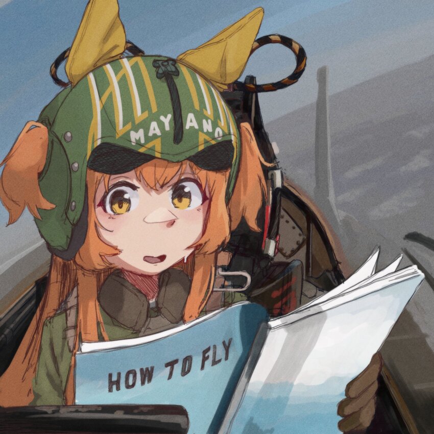 1girl, aircraft, airplane, animal_ears, blush, bomber_jacket, book, brown_gloves, cockpit, ear_covers, ears_through_headwear, fighter_jet, flying, gloves, green_jacket, hair_between_eyes, helmet, highres, holding, holding_book, horse_ears, horse_girl, instruction_manual, jacket, long_hair, long_sleeves, mayano_top_gun_(scramble_zone)_(umamusume), mayano_top_gun_(umamusume), meme, military_vehicle, open_mouth, orange_eyes, orange_hair, photo-referenced, ram_(p_searam), reading, sky, solo, sweatdrop, umamusume