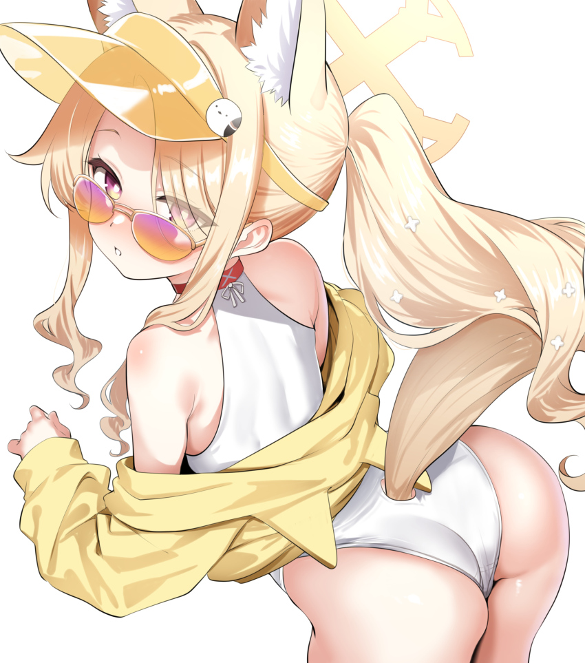 1girl, animal_ear_fluff, animal_ears, ass, bare_shoulders, bent_over, blonde_hair, blue_archive, blush, casual_one-piece_swimsuit, fox_ears, fox_girl, fox_tail, halo, highres, leaning_forward, loli, long_hair, looking_at_viewer, moredetale, multicolor-tinted_eyewear, off_shoulder, official_alternate_costume, official_alternate_hairstyle, one-piece_swimsuit, seia_(blue_archive), seia_(swimsuit)_(blue_archive), simple_background, solo, sunglasses, swimsuit, tail, tinted_eyewear, visor_cap, white_background, white_one-piece_swimsuit, yellow_halo, yellow_visor