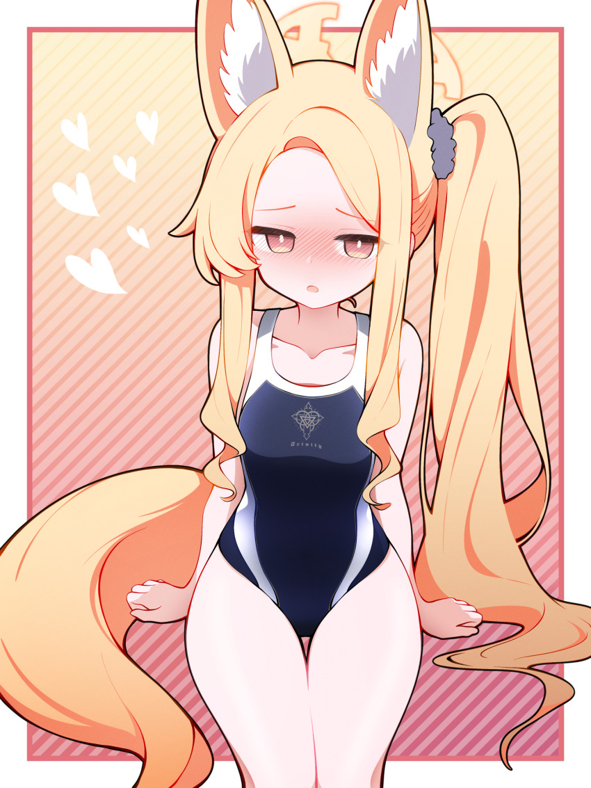 1girl, absurdly_long_tail, acalephea, alternate_hairstyle, animal_ear_fluff, animal_ears, bare_legs, bare_shoulders, black_one-piece_swimsuit, blonde_hair, blue_archive, blush, border, bright_pupils, clenched_hand, collarbone, competition_school_swimsuit, cross_halo, extra_ears, feet_out_of_frame, fox_ears, fox_girl, fox_tail, hair_ornament, hair_scrunchie, halo, heart, highres, loli, long_hair, looking_at_viewer, one-piece_swimsuit, open_mouth, school_swimsuit, scrunchie, seia_(blue_archive), side_ponytail, sidelocks, sitting, solo, swimsuit, tail, thigh_gap, thighs, trinity_general_school_logo, trinity_general_school_swimsuit, very_long_hair, white_pupils, yellow_eyes, yellow_halo