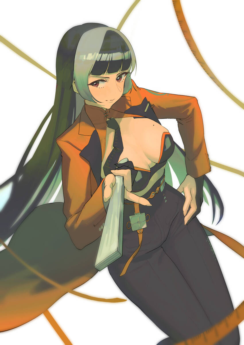 1girl, absurdres, black_gloves, black_hair, black_necktie, black_pants, black_tube_top, breasts