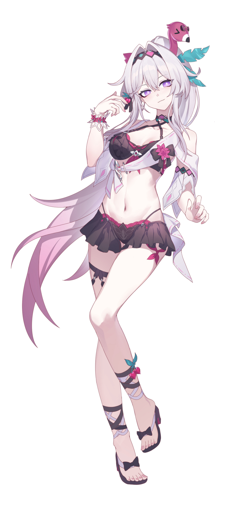 1girl, absurdres, bare_shoulders, bikini, bikini_skirt, black_bikini, black_hairband, black_skirt