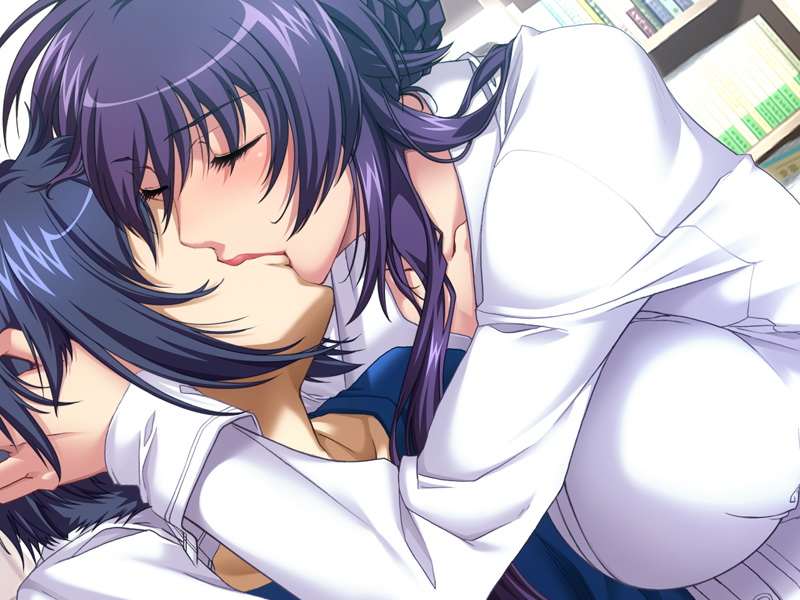 1boy, 1girl, age_difference, black_rainbow, breasts, dutch_angle, game_cg, hetero, incest, indoors, kiss, large_breasts, mature_female, mother_and_child, mother_and_son, parent_and_child, purple_hair, saiminjutsu_2, sakurai_sawa, sakurai_susumu