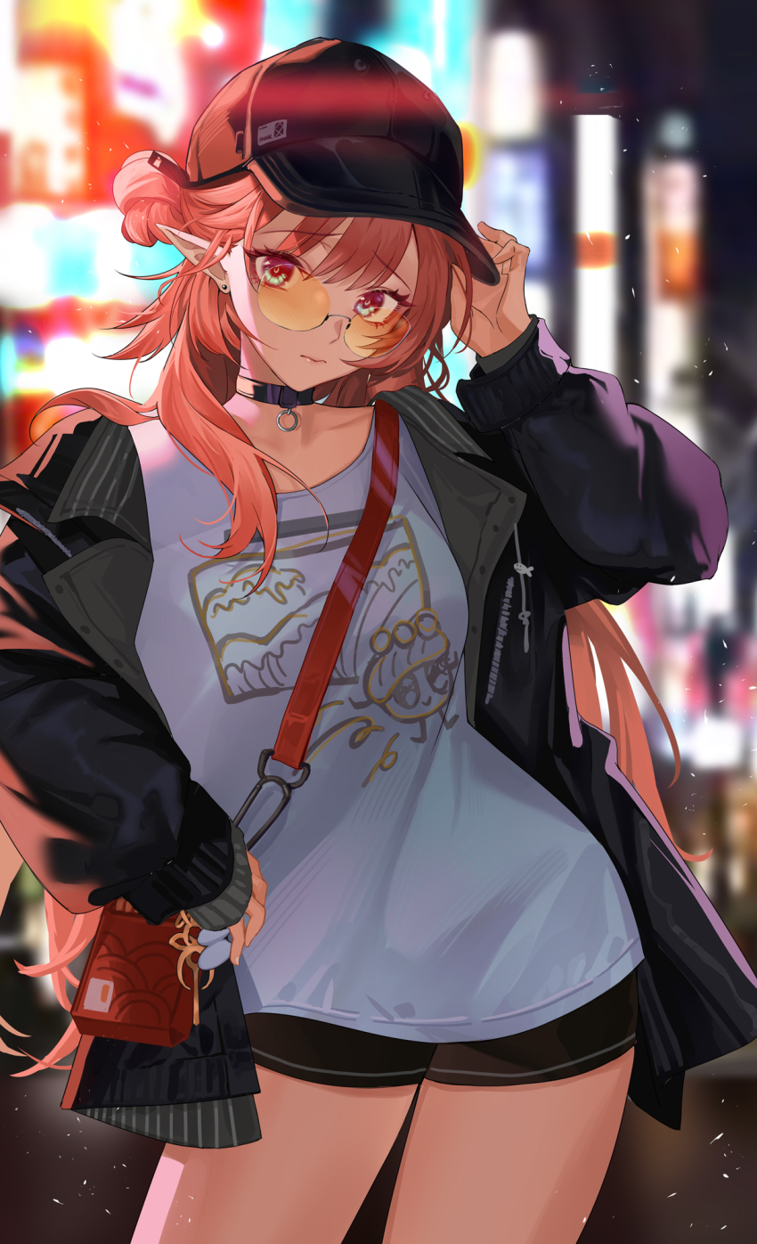 1girl, adjusting_clothes, adjusting_headwear, arknights, bag, baseball_cap, black_choker, black_hat