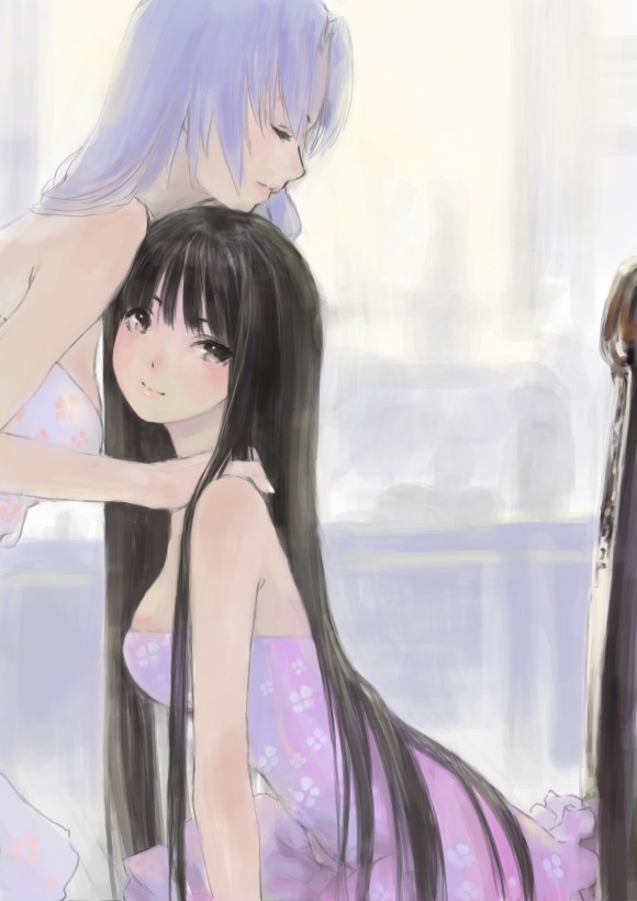 2girls, bare_shoulders, black_eyes, black_hair, closed_eyes, female_focus, houraisan_kaguya, long_hair, masuchi, multiple_girls, silver_hair, touhou, yagokoro_eirin