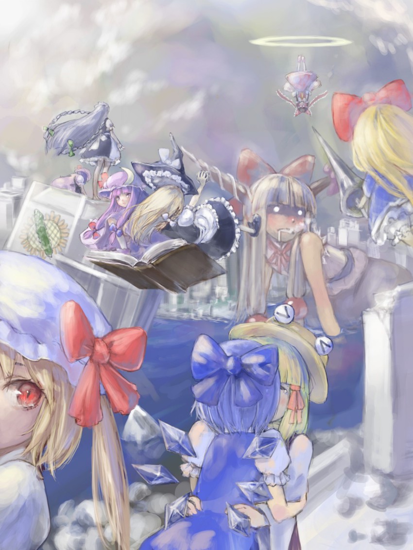 >_<, 6+girls, alternate_hairstyle, barefoot, book, cirno, drooling, closed_eyes