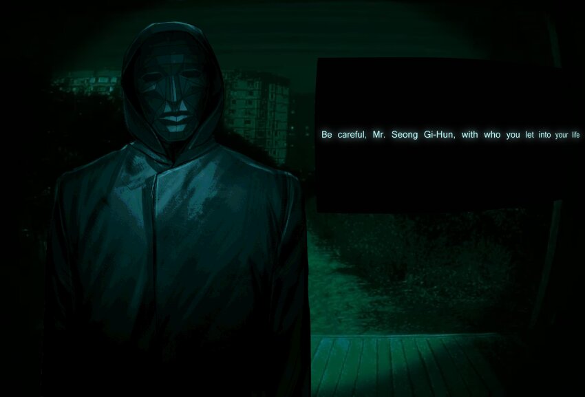 1other, absurdres, agremur, city, crossover, dark, english_text, facing_viewer, front-man_(squid_game), green_theme, head_tilt, highres, hood, hood_up, mask, night, no_i'm_not_a_human, porch, solo, squid_game, standing, video_game_dialogue_box