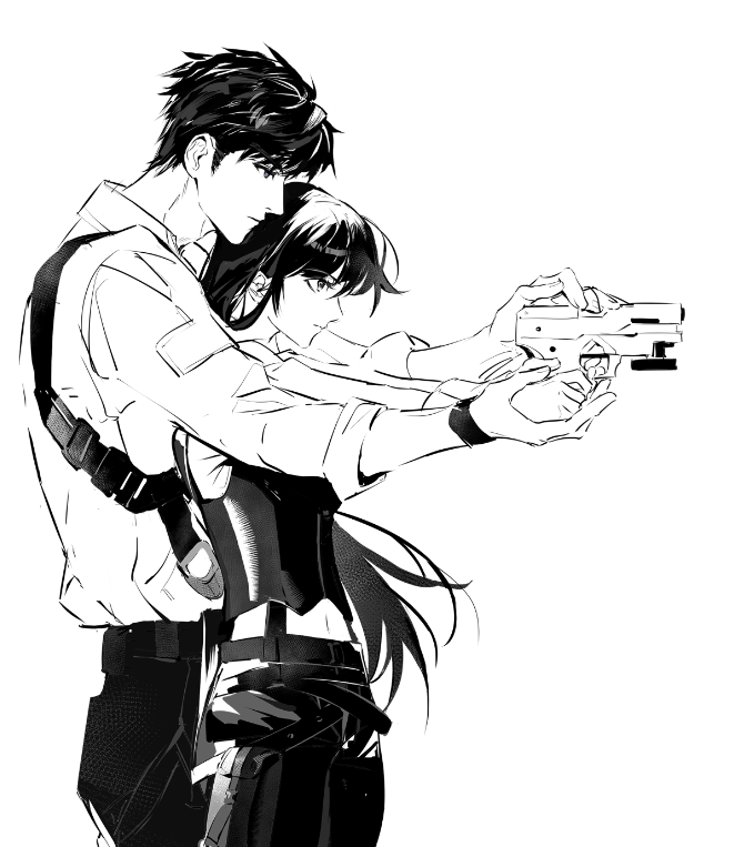 aiming, awkwardtomato, black_hair, black_pants, caleb_(love_and_deepspace), collared_shirt, corset, couple