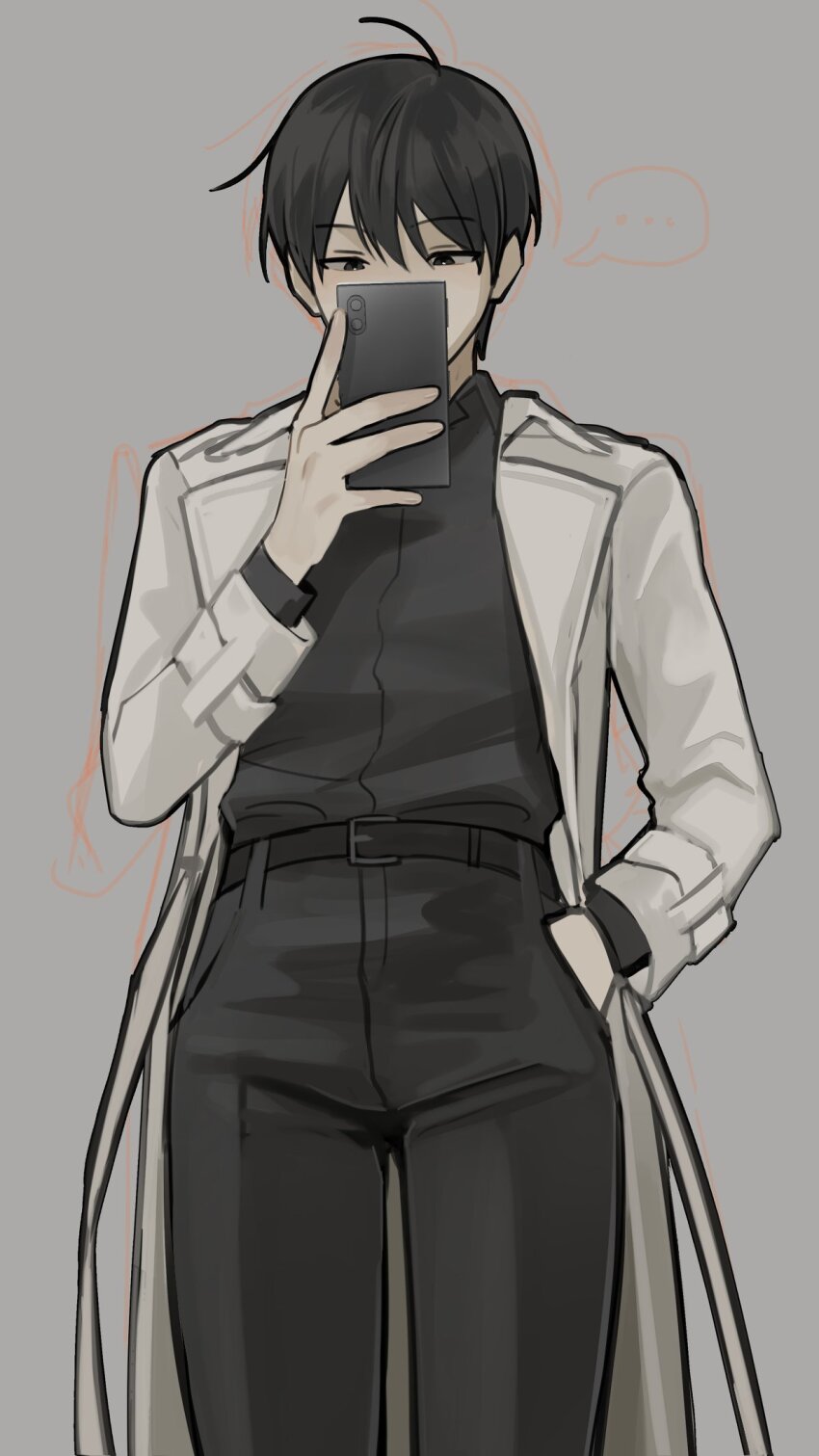 ..., 1boy, black_eyes, black_hair, black_shirt, borrowed_clothes, coat, covering_own_mouth