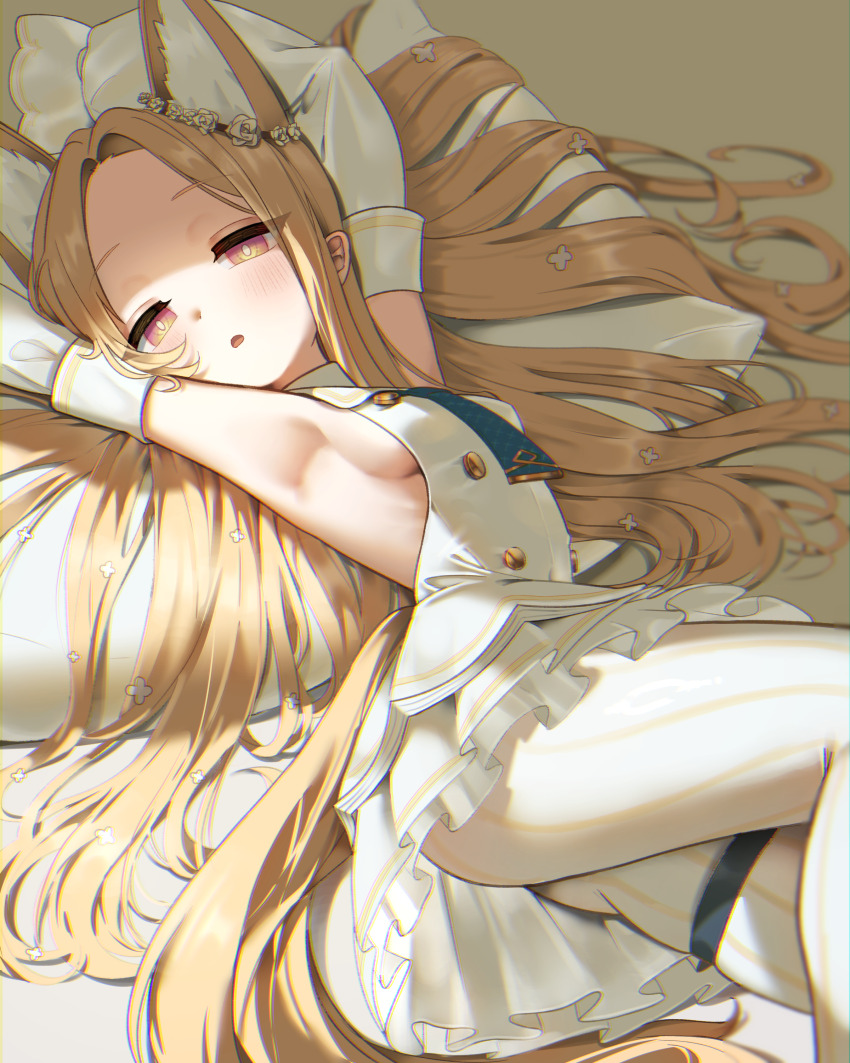 1girl, absurdres, animal_ear_fluff, animal_ears, armpit_focus, armpits, blonde_hair, blue_archive