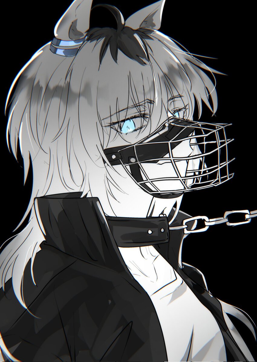 1girl, ahoge, animal_ears, b_lt, black_background, blue_eyes, chain, chain_leash