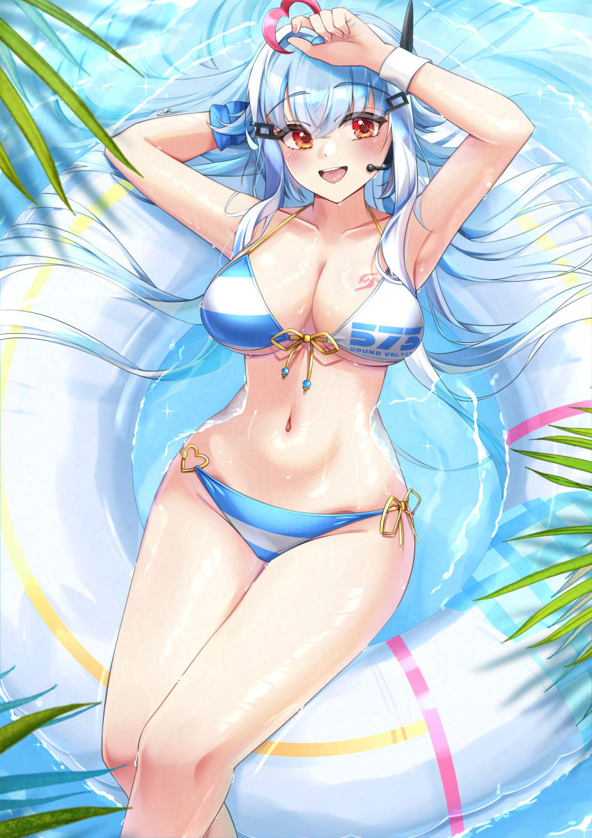1girl, absurdres, armpits, arms_up, bemani, bikini, blue_bikini, blue_hair