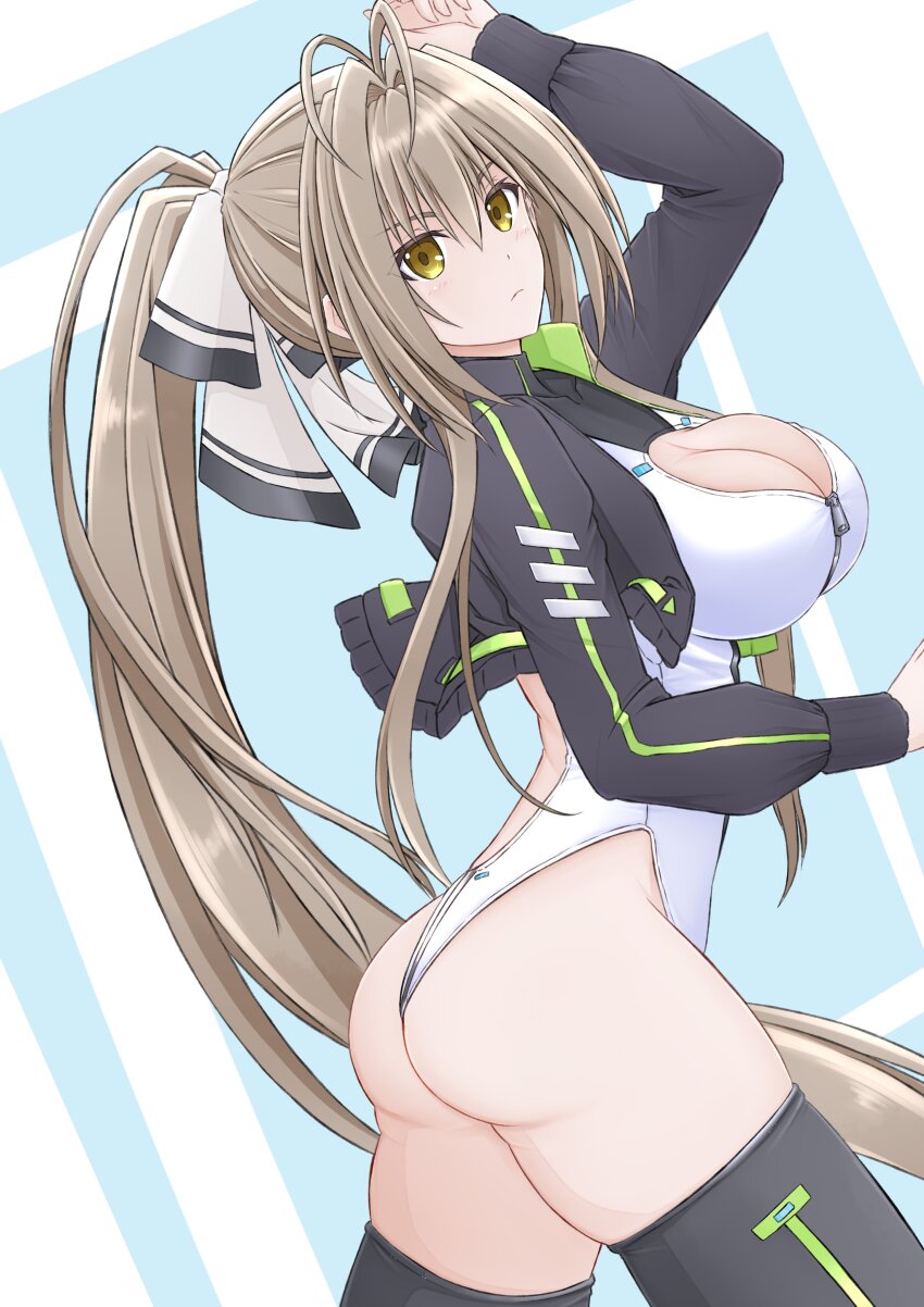 1girl, absurdres, alice_gear_aegis, amagi_brilliant_park, antenna_hair, arm_up, ass, black_jacket, black_thighhighs, bow, breasts, brown_hair, character_name, circle_cutout, cleavage, cleavage_cutout, clothing_cutout, commentary_request, companion/af, cowboy_shot, cropped_jacket, from_side, hair_bow, high_ponytail, highres, jacket, large_breasts, leotard, light_blush, light_frown, long_hair, long_sleeves, looking_at_viewer, looking_to_the_side, open_clothes, open_jacket, ponytail, sento_isuzu, simple_background, skindentation, solo, standing, striped_clothes, striped_thighhighs, thighhighs, thighs, tubamesaapoo, very_long_hair, white_background, white_leotard, zipper_leotard, zipper_pull_tab