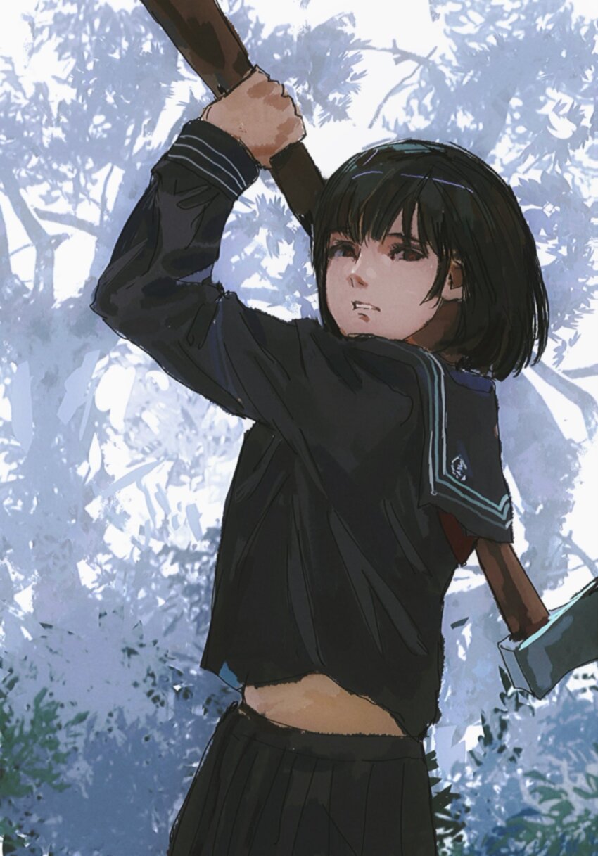 1girl, ashashio, axe, black_hair, black_sailor_collar, black_serafuku, black_shirt, black_skirt