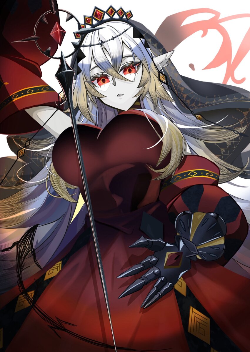 1girl, black_tiara, black_veil, blazing_cartesia_the_virtuous, breasts, detached_sleeves, dress, duel_monster, ecclesia_(yu-gi-oh!), gauntlets, gem, hair_between_eyes, hair_ornament, highres, large_breasts, long_hair, long_sleeves, looking_at_viewer, parted_lips, pointy_ears, red_dress, red_eyes, red_gem, sira_tise, sleeveless, sleeveless_dress, solo, sword, tiara, veil, very_long_hair, weapon, white_hair, yu-gi-oh!