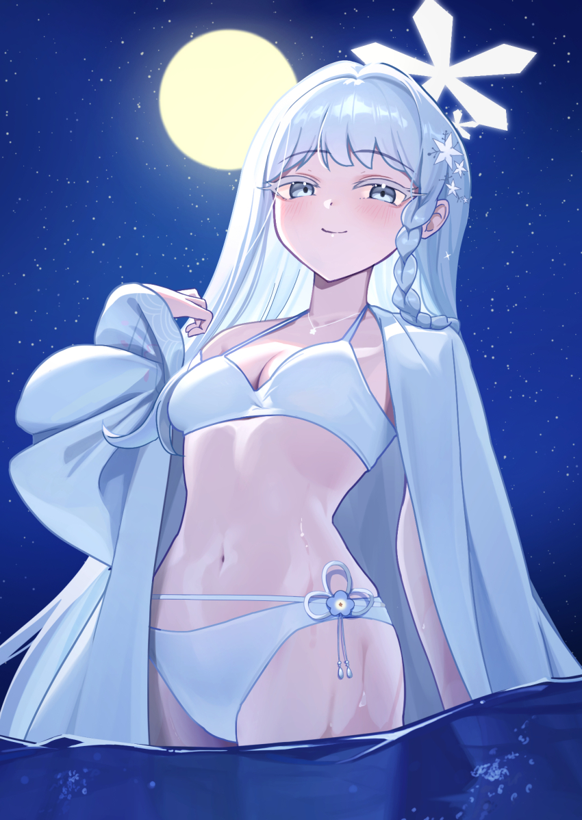 1girl, bikini, blue_archive, braid, breasts, cleavage, closed_mouth, colored_eyelashes